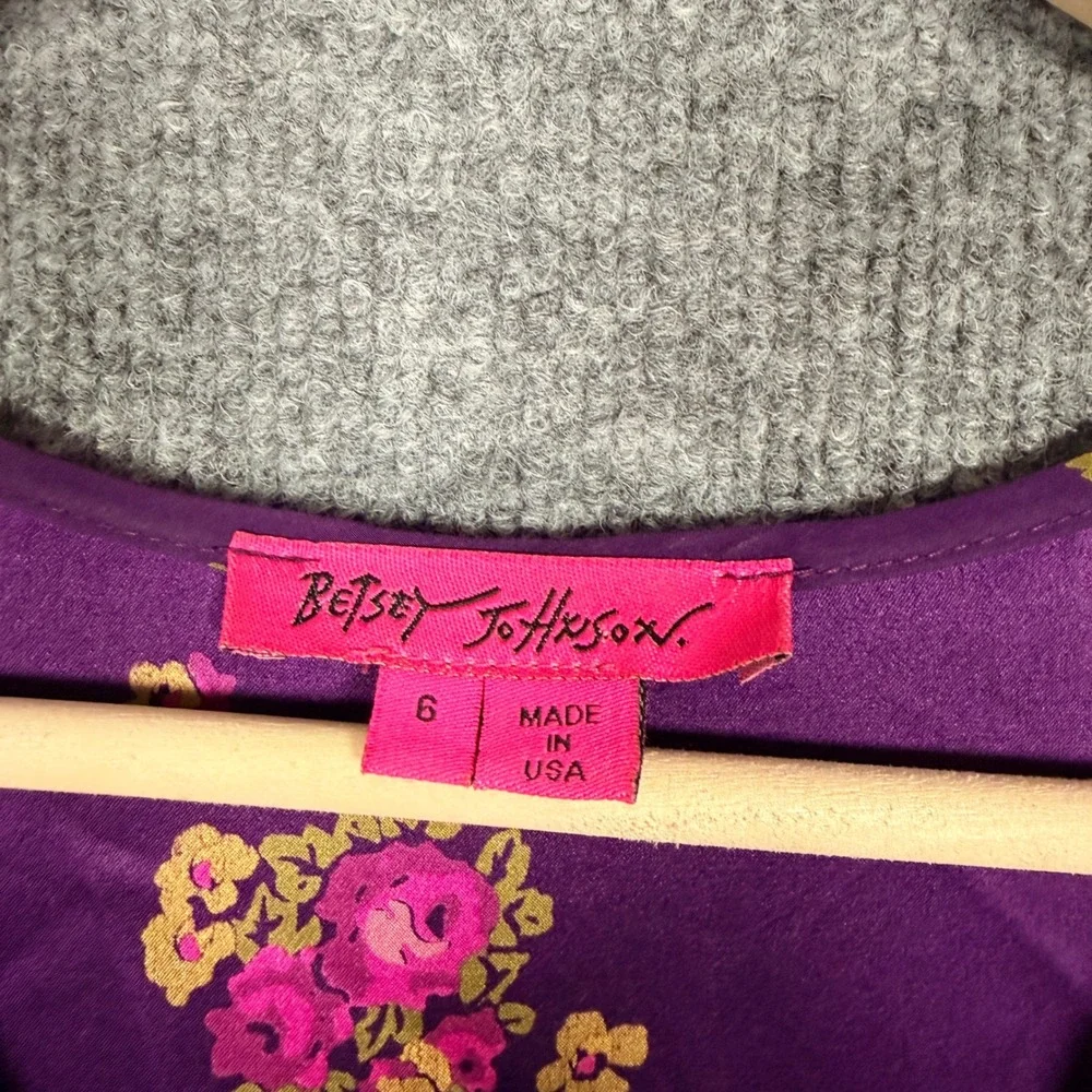 Betsey Johnson Size 6 Tiered Midi Shift Dress Purple Brown Silk Floral V Neck - Picture 7 of 10